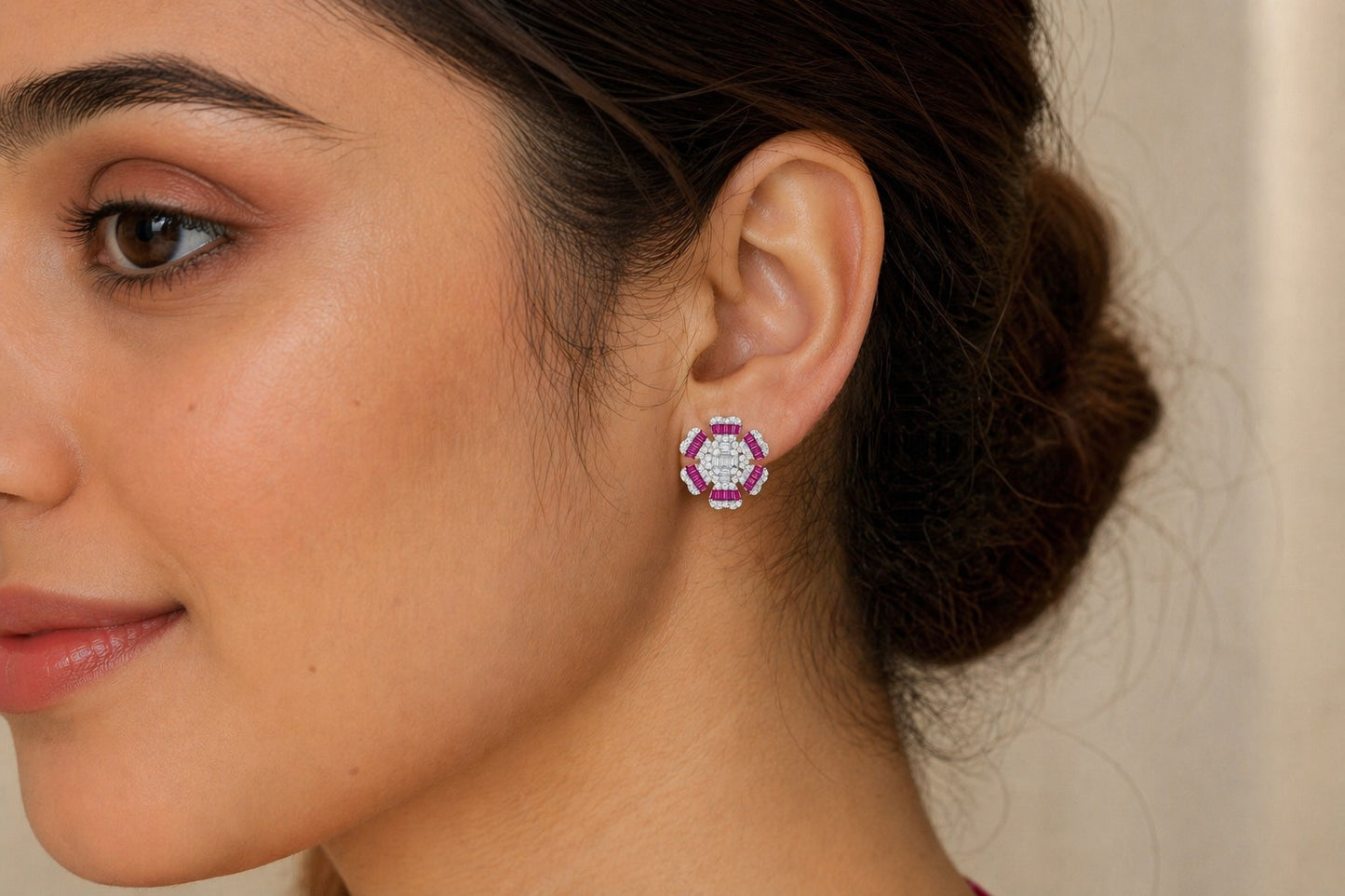 Regal Ruby And Diamonds Silver Earrings