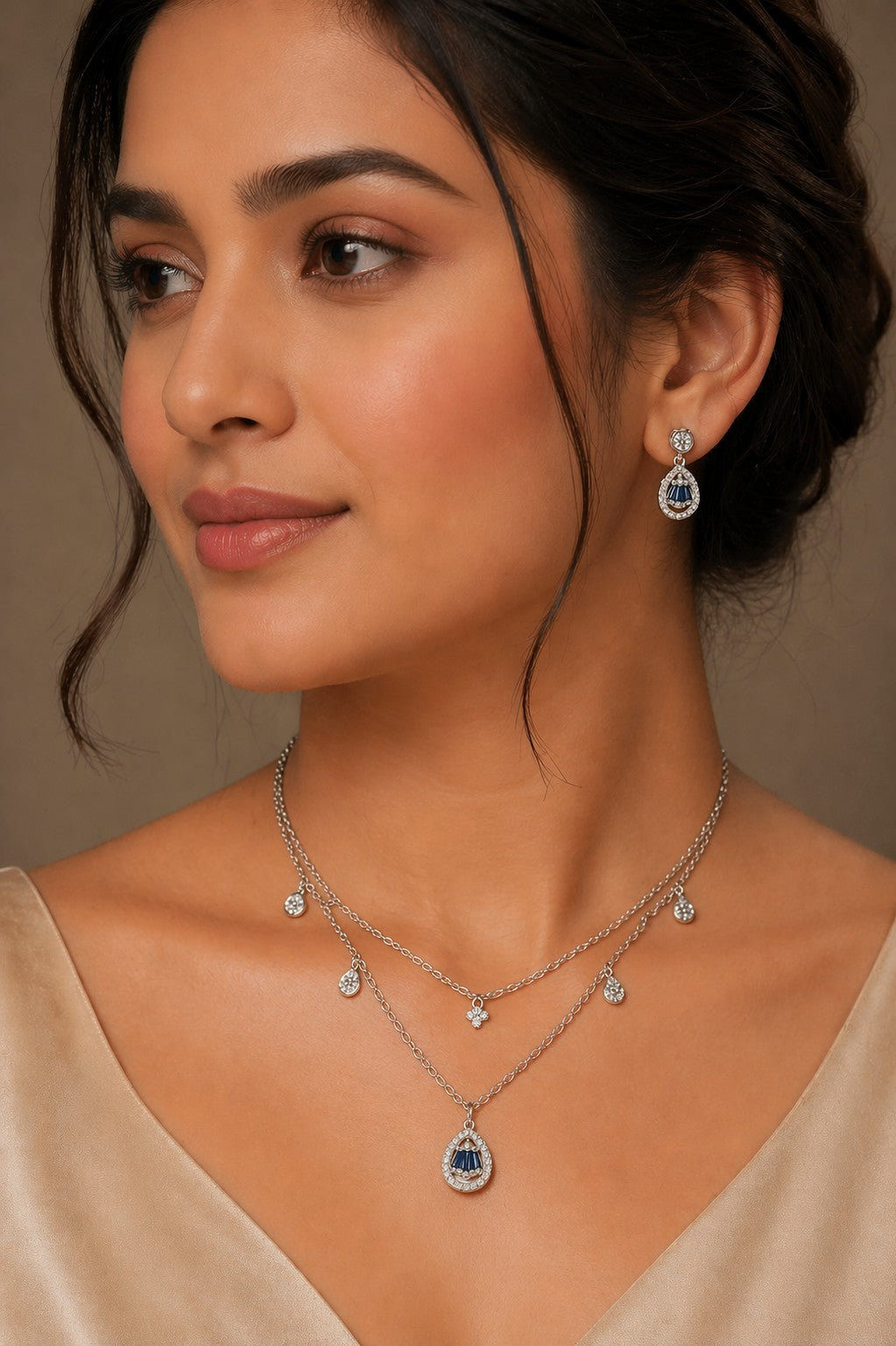 Modern Sapphire Silver Pendant Set