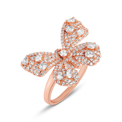 Silver Butterfly Diamond Ring In Rose Gold Finish