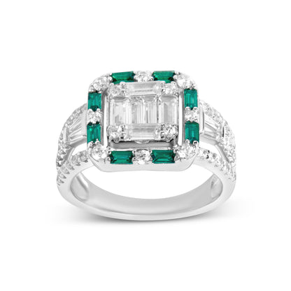 Silver Emerald Baguette Diamond Ring