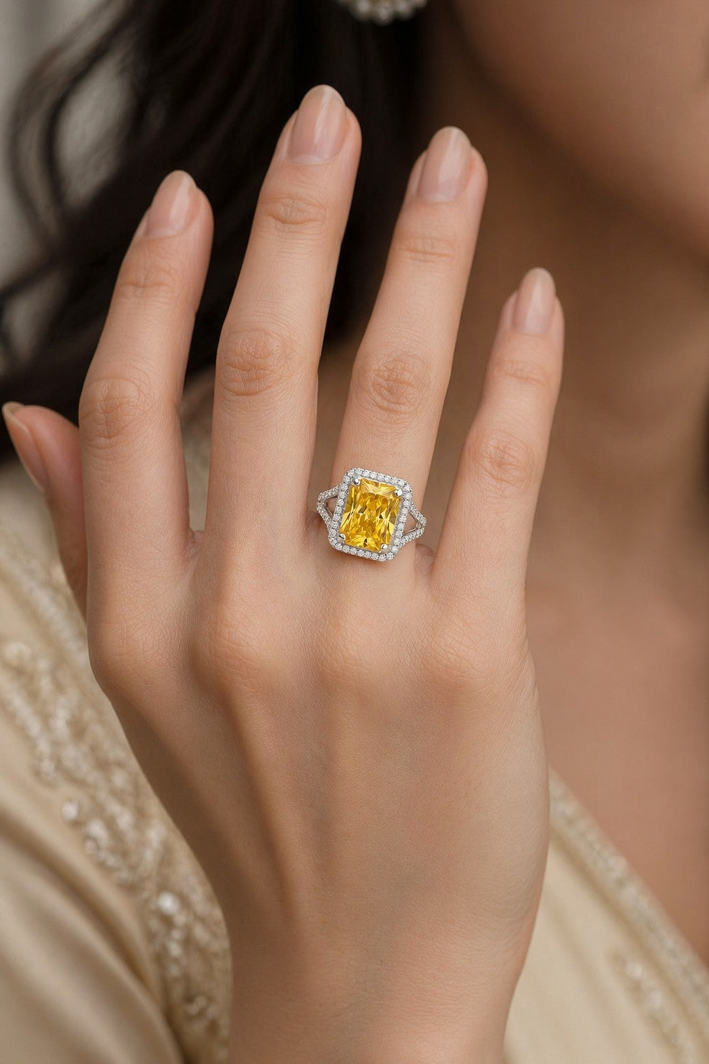 Pure Grace Yellow Diamond Solitaire Silver Ring