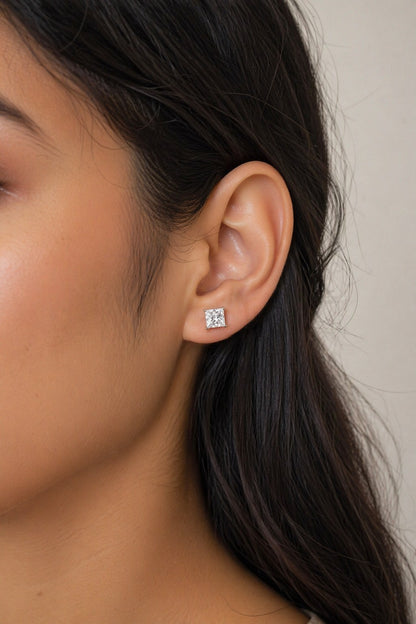 Classic Princess Solitaire Studs Silver Earrings