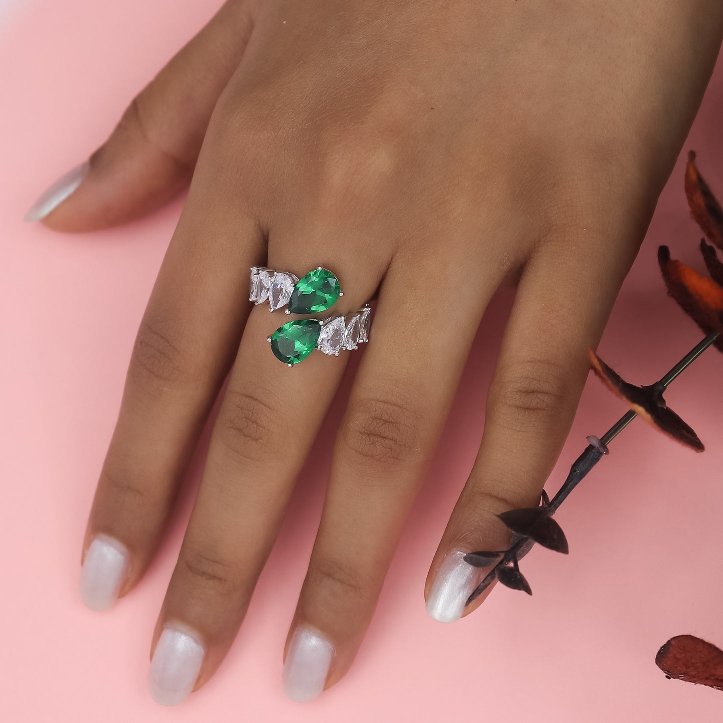 Silver Emerald Pear Cocktail Ring