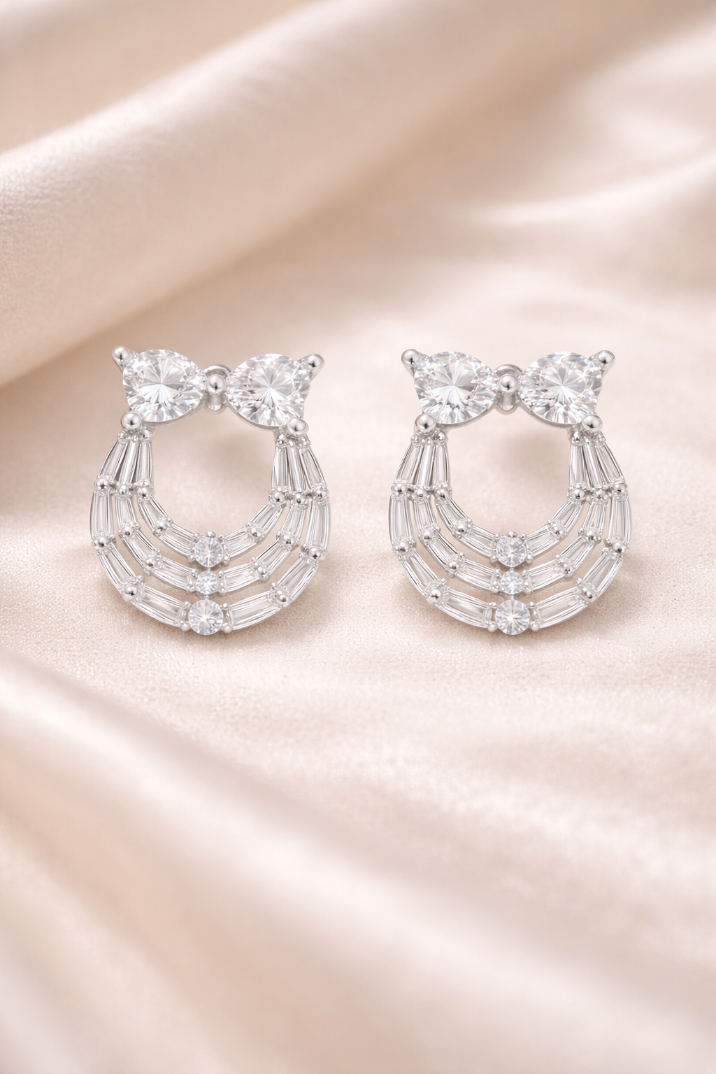 Heart And Baguette Studs Silver Earrings