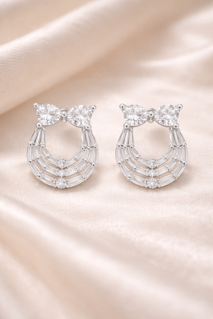 Heart And Baguette Studs Silver Earrings