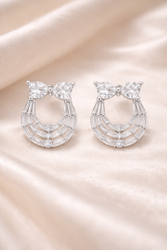Heart And Baguette Studs Silver Earrings