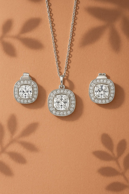 Cushion Diamond Silver Pendant Set