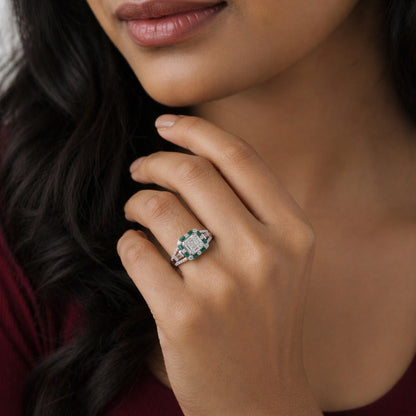 Silver Emerald Baguette Diamond Ring