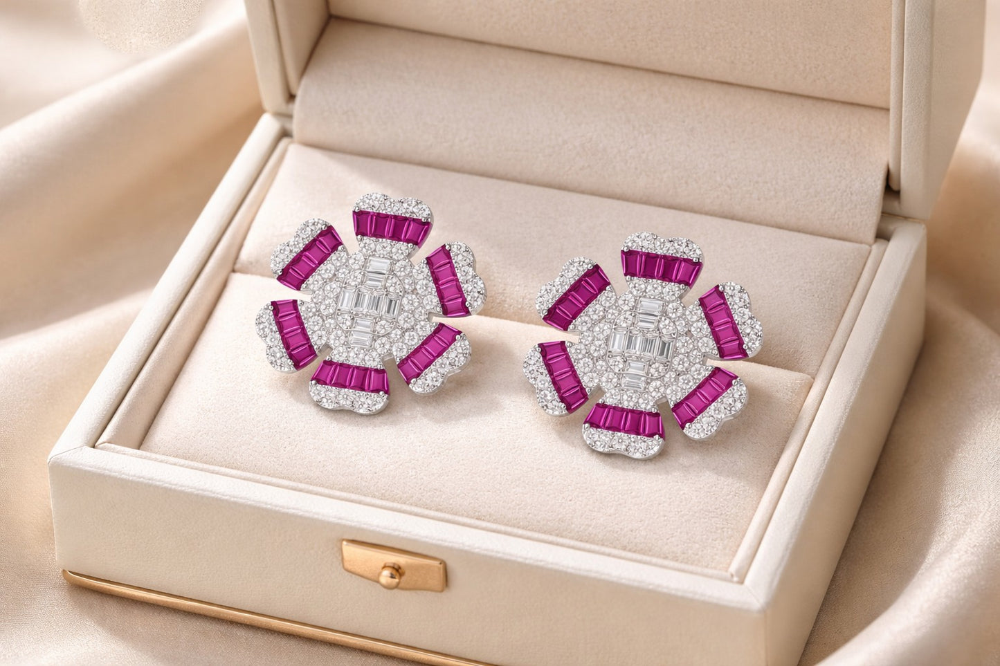 Regal Ruby And Diamonds Silver Earrings