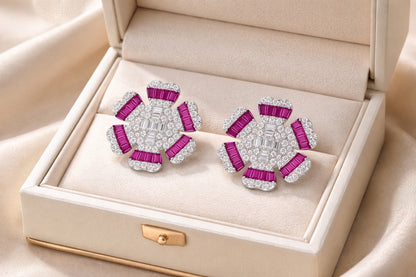 Regal Ruby And Diamonds Silver Earrings