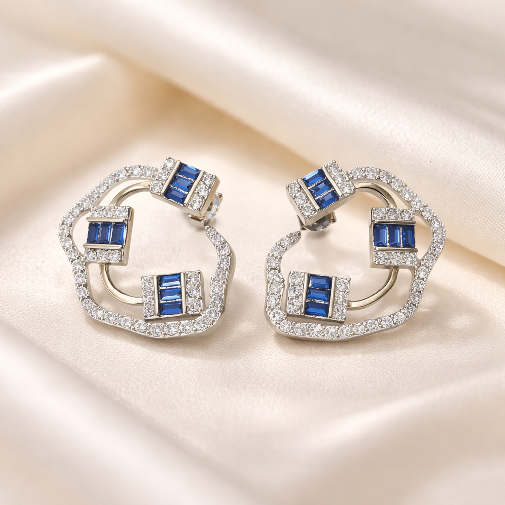 BAGUETTE SAPPHIRE AND DIAMOND SILVER EARRINGS