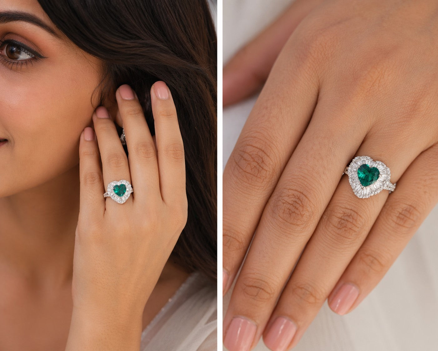 Silver Heart Emerald And Diamond Ring