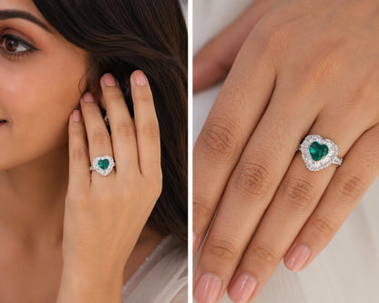 Silver Heart Emerald And Diamond Ring