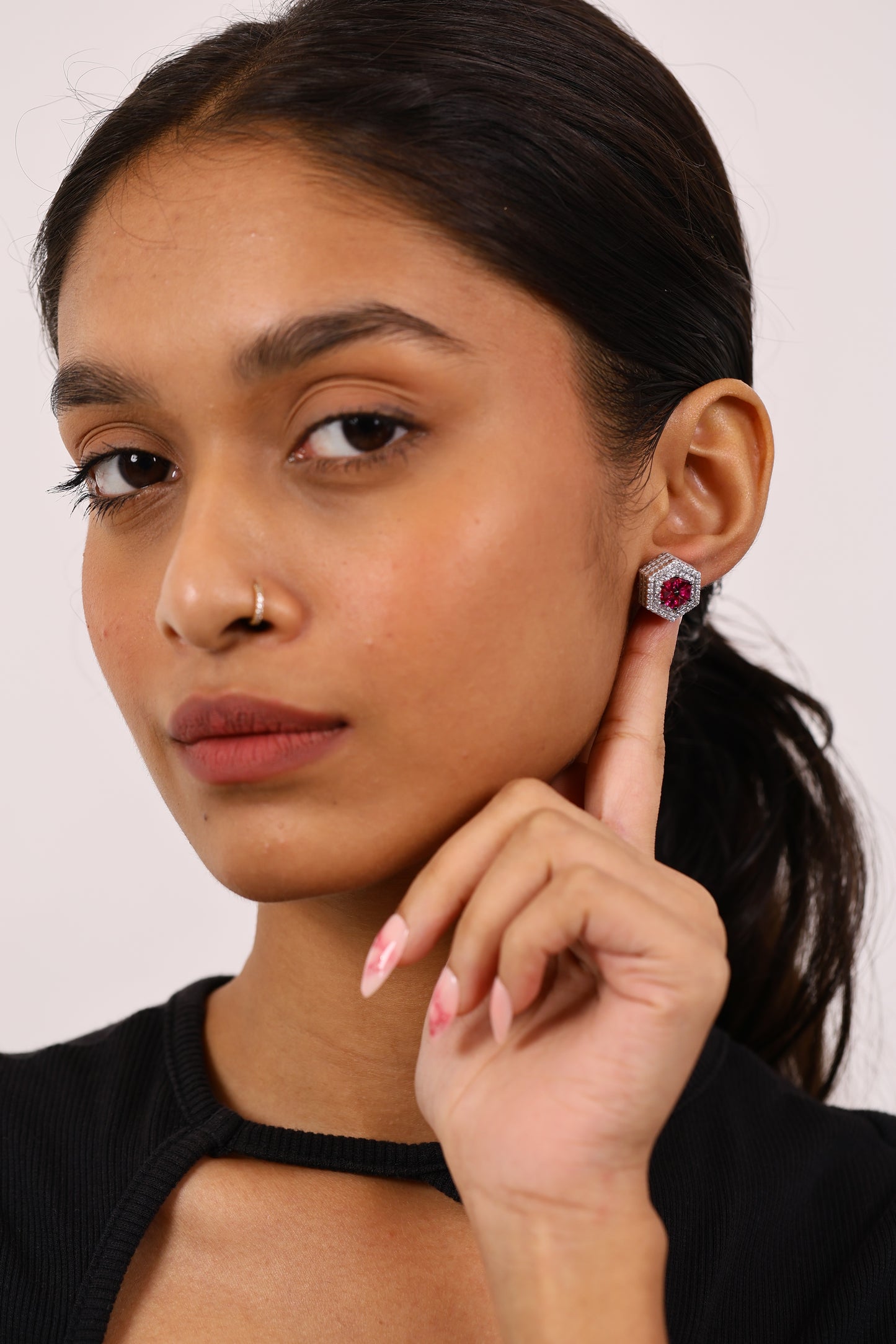 Luxe Ruby And Diamond Studs Silver Earrings