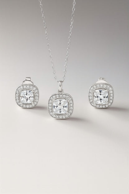 Cushion Diamond Silver Pendant Set
