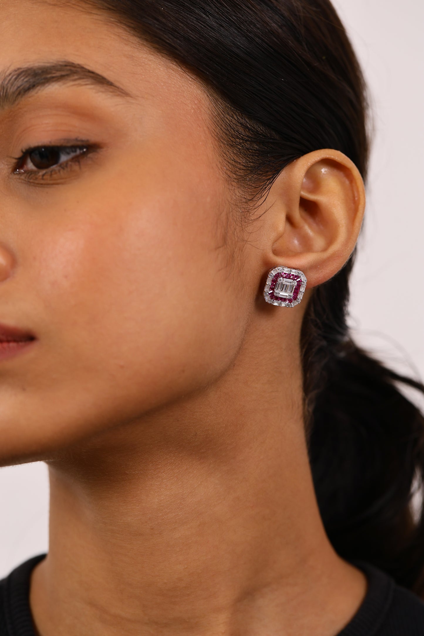 Imperial Ruby And Diamond Studs Silver Earrings