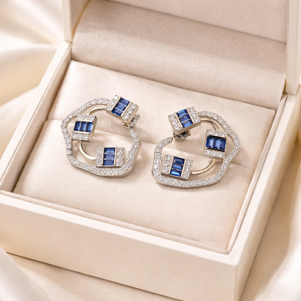 BAGUETTE SAPPHIRE AND DIAMOND SILVER EARRINGS