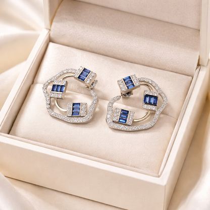 BAGUETTE SAPPHIRE AND DIAMOND SILVER EARRINGS