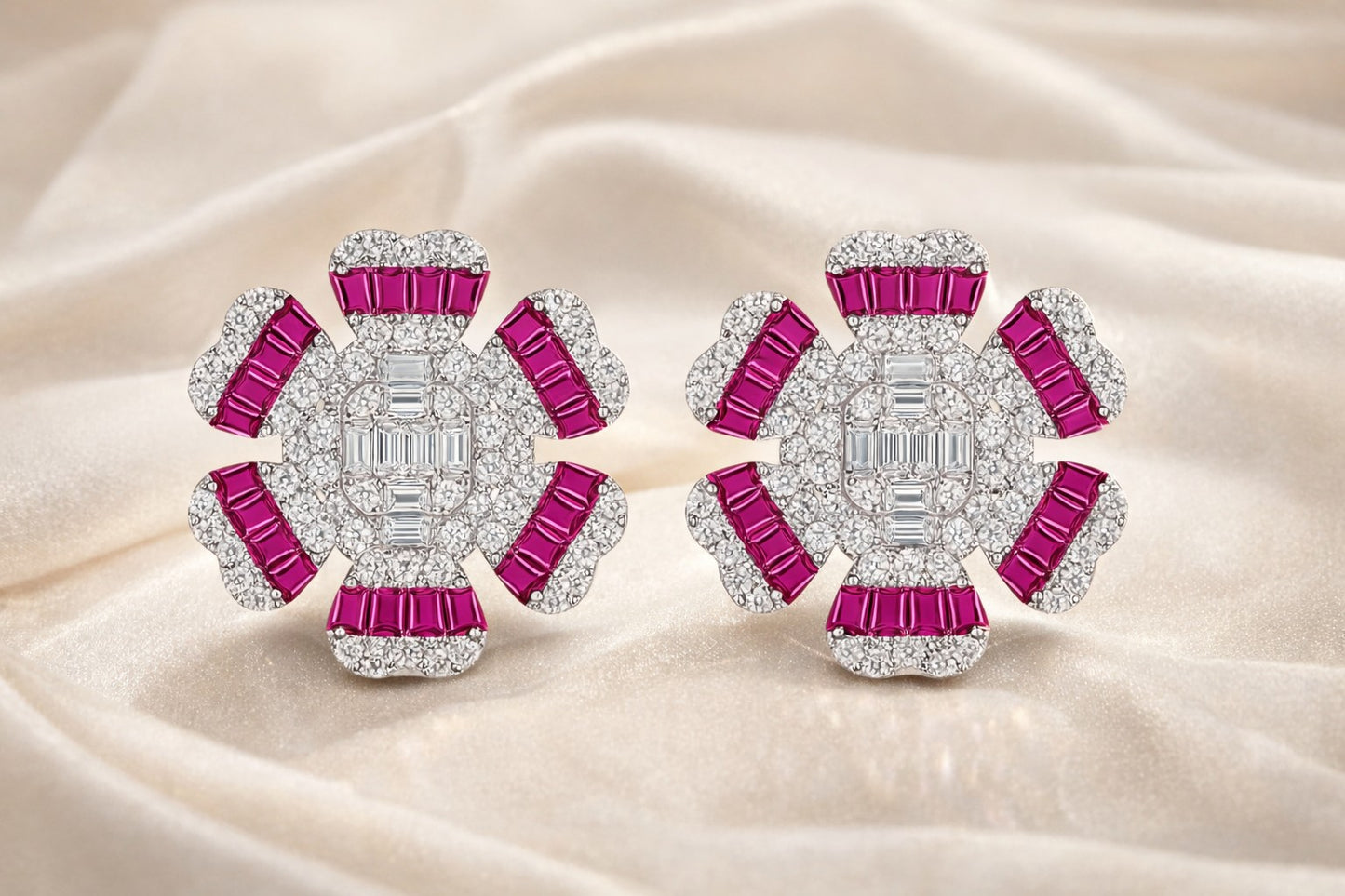 Regal Ruby And Diamonds Silver Earrings