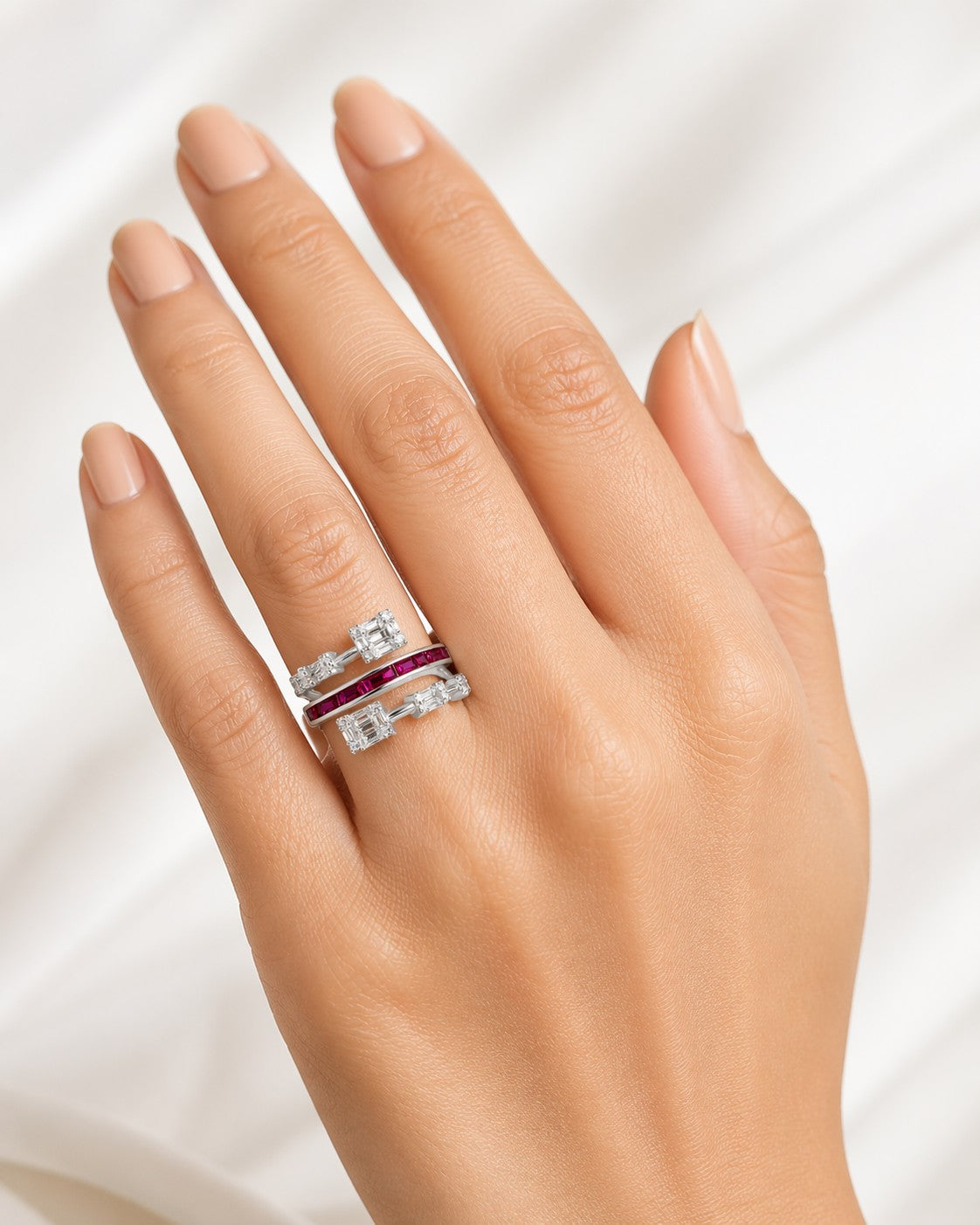 Silver Ruby Baguette Diamond Spiral Ring