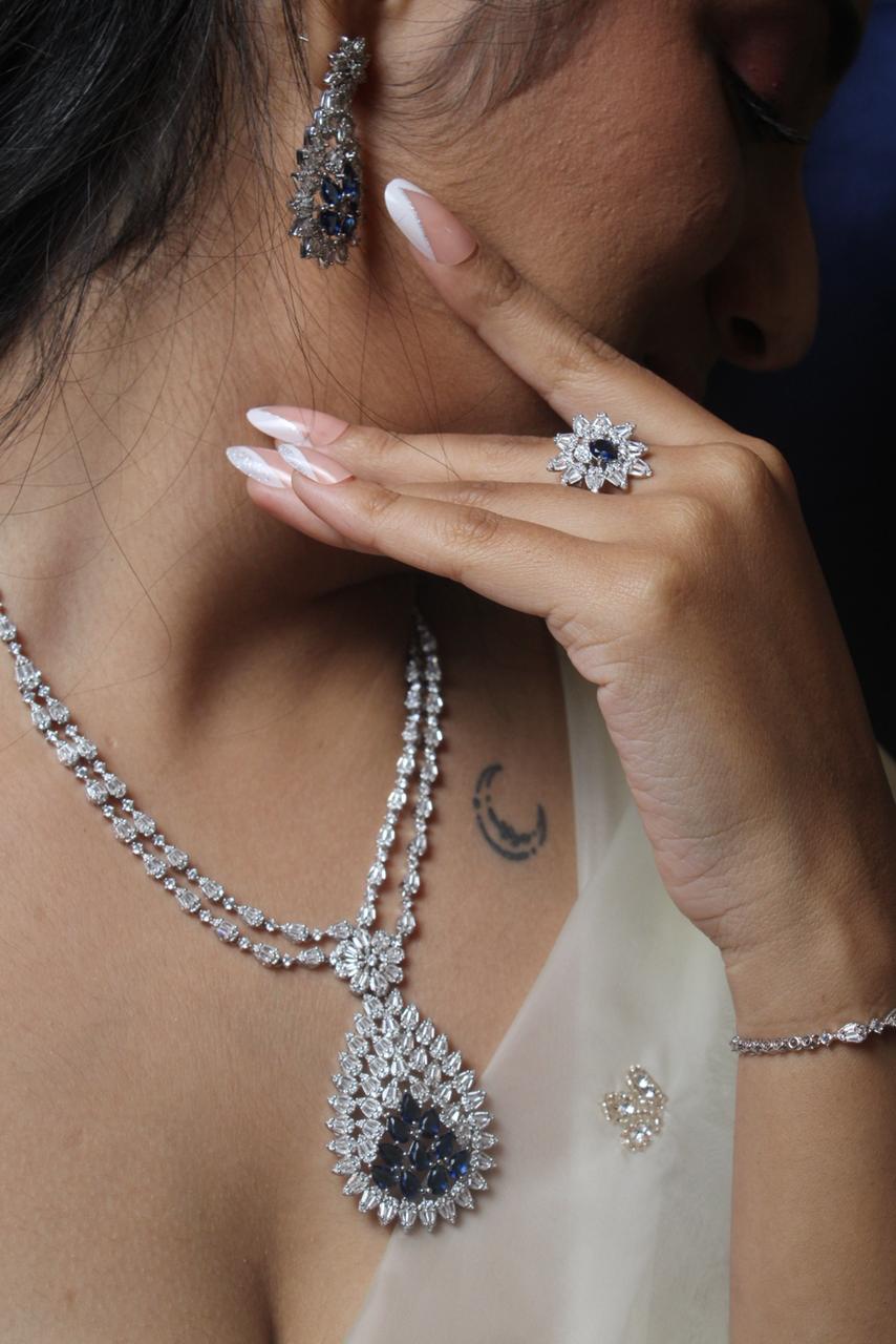 Sapphire Aura Silver Necklace Set