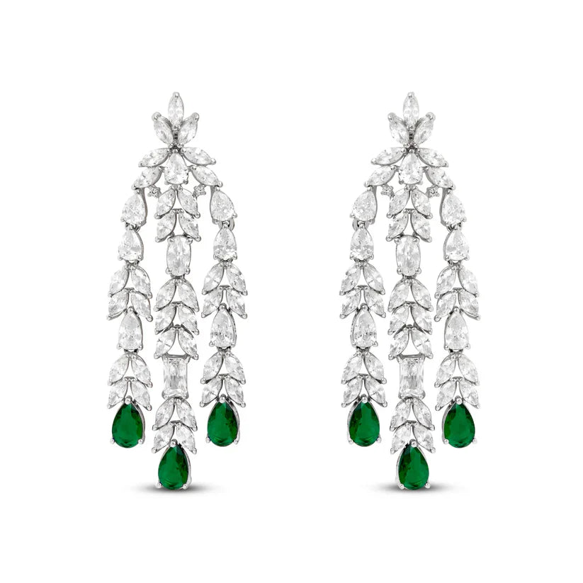 Statement Emerald Cocktail Diamond Silver Earrings