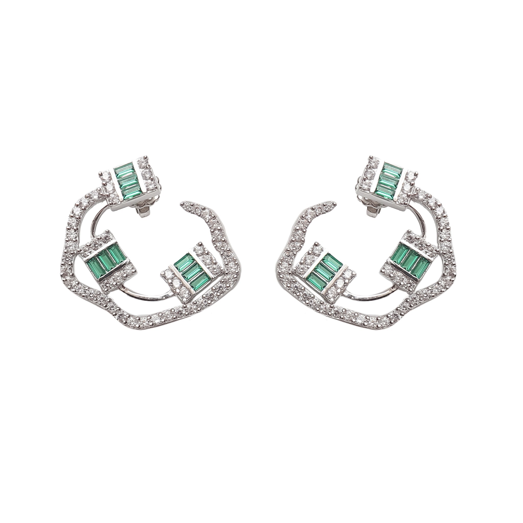 Baguette Emerald And Diamond Silver Earrings