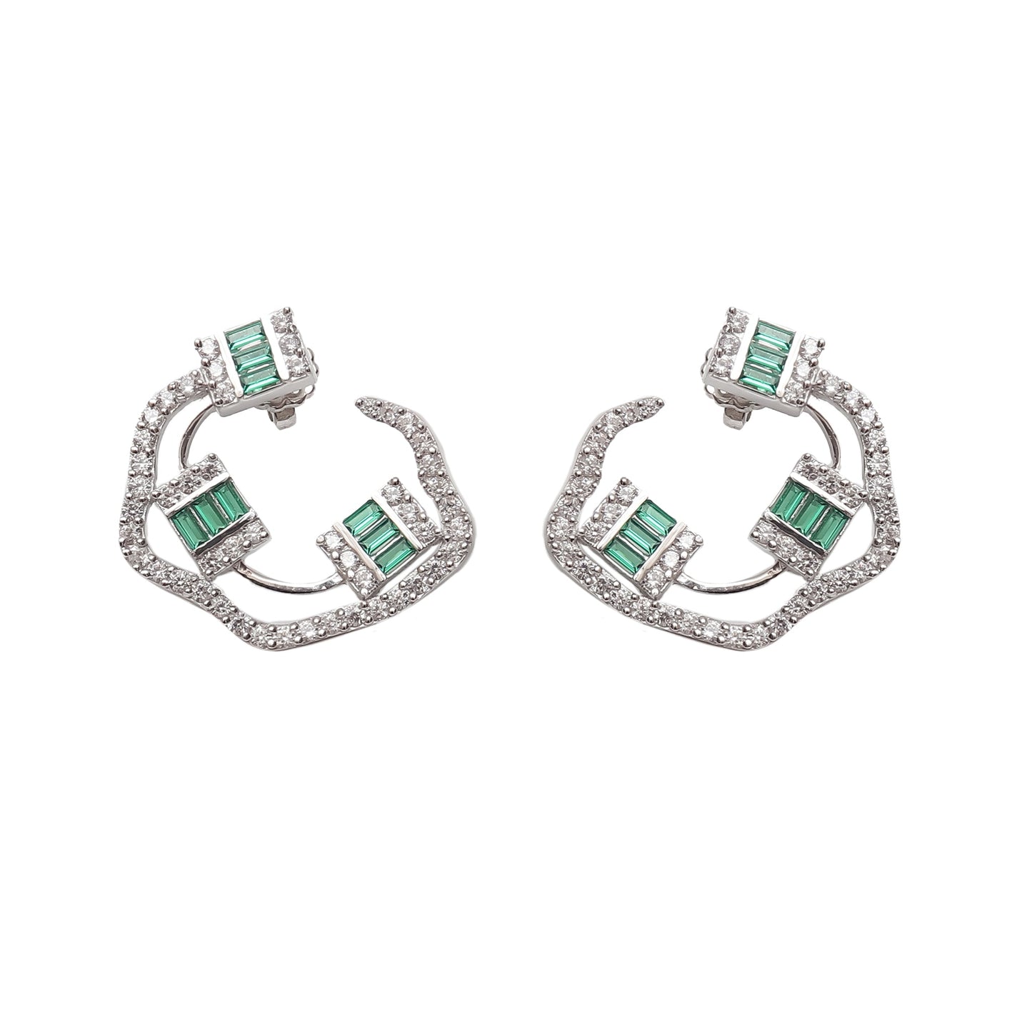 Baguette Emerald And Diamond Silver Earrings