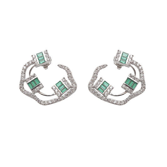 Baguette Emerald And Diamond Silver Earrings