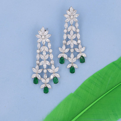 Royal Emerald Cocktail Diamond Silver Earrings