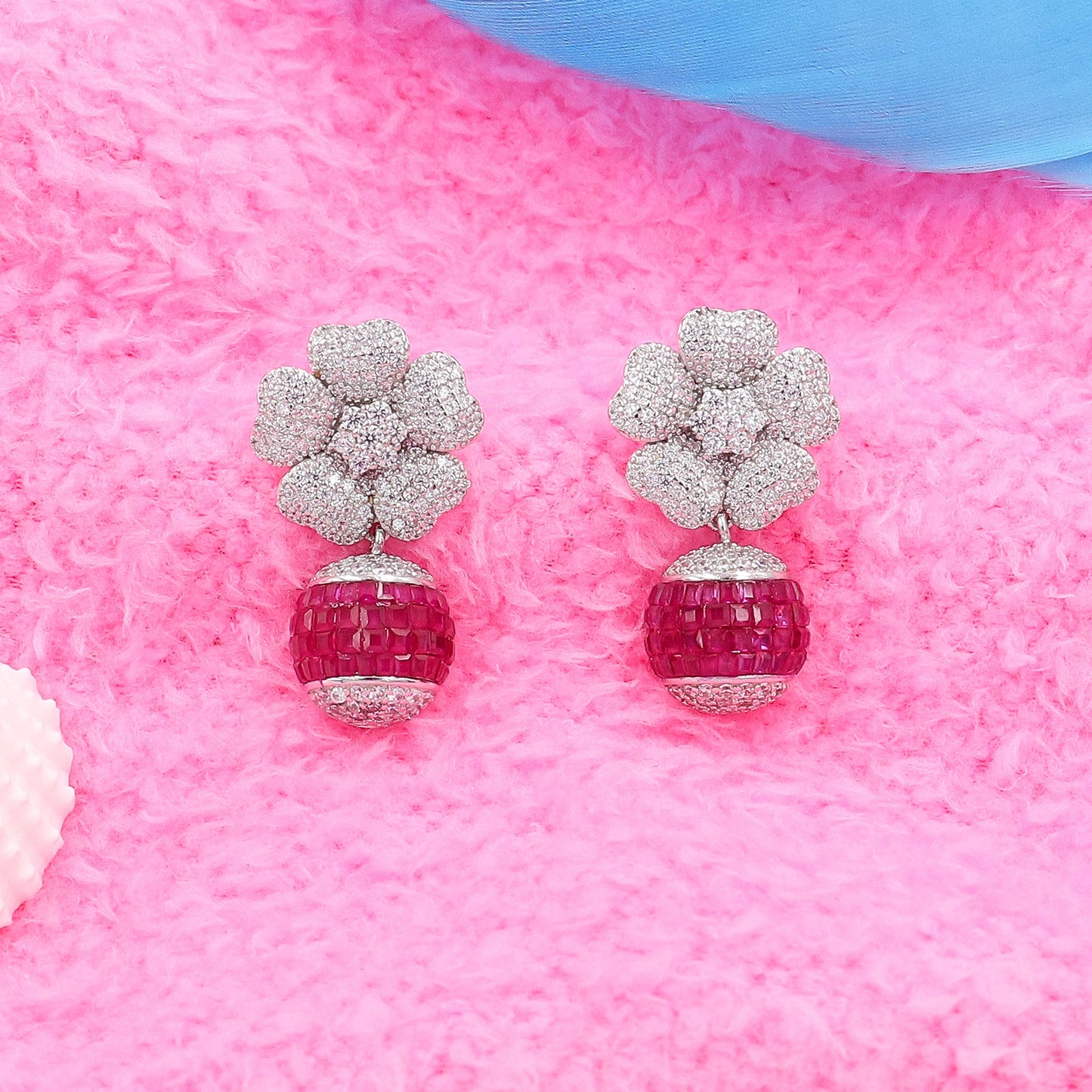 Floral Diamond And Ruby Silver Earrings