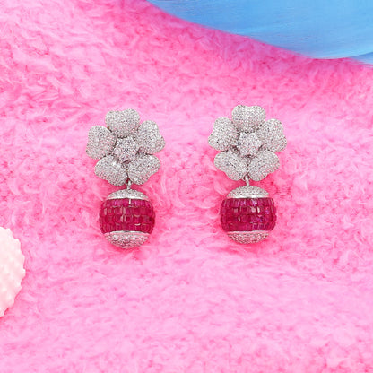 Floral Diamond And Ruby Silver Earrings