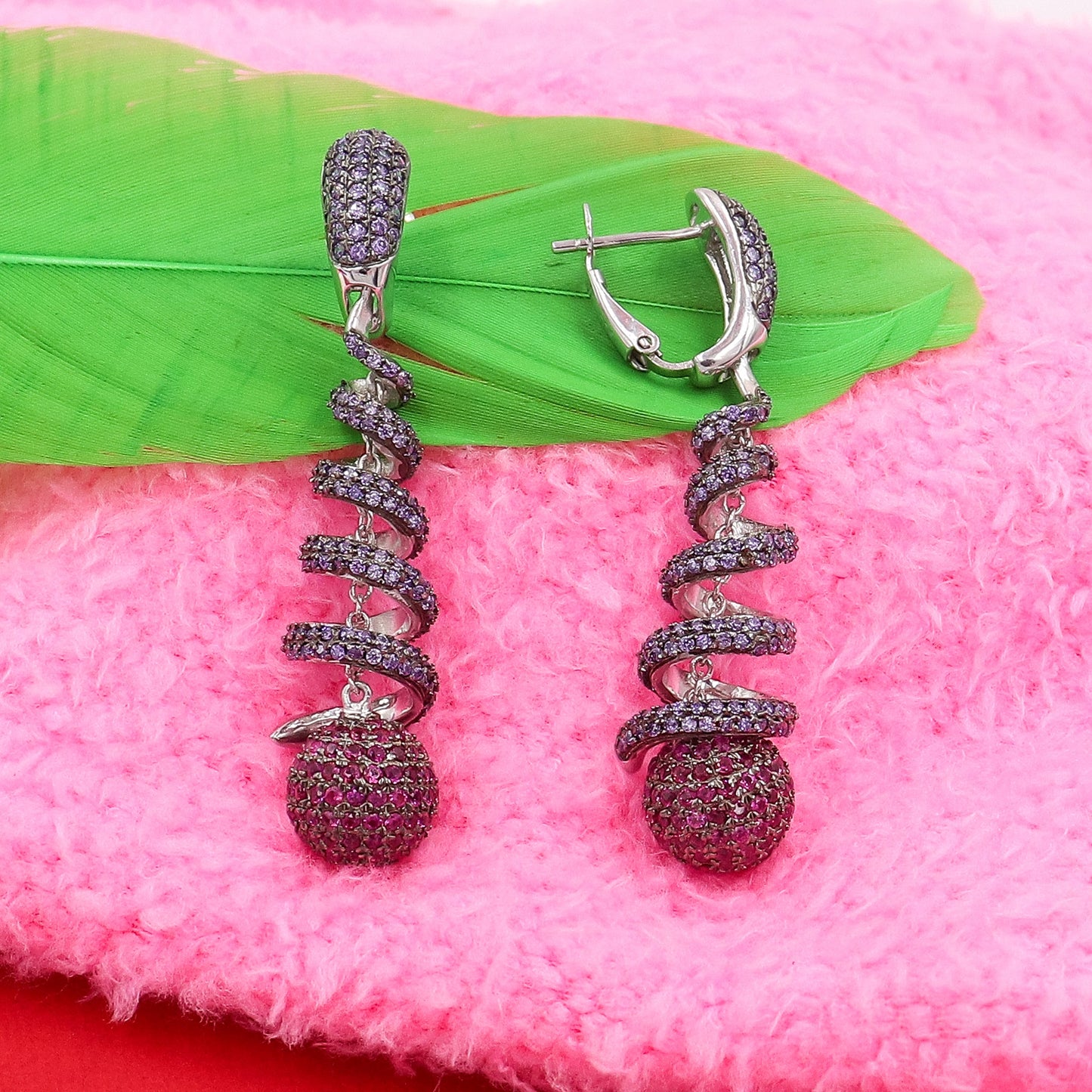 Dazzling Purple And Pink Spiral Silver Earrings