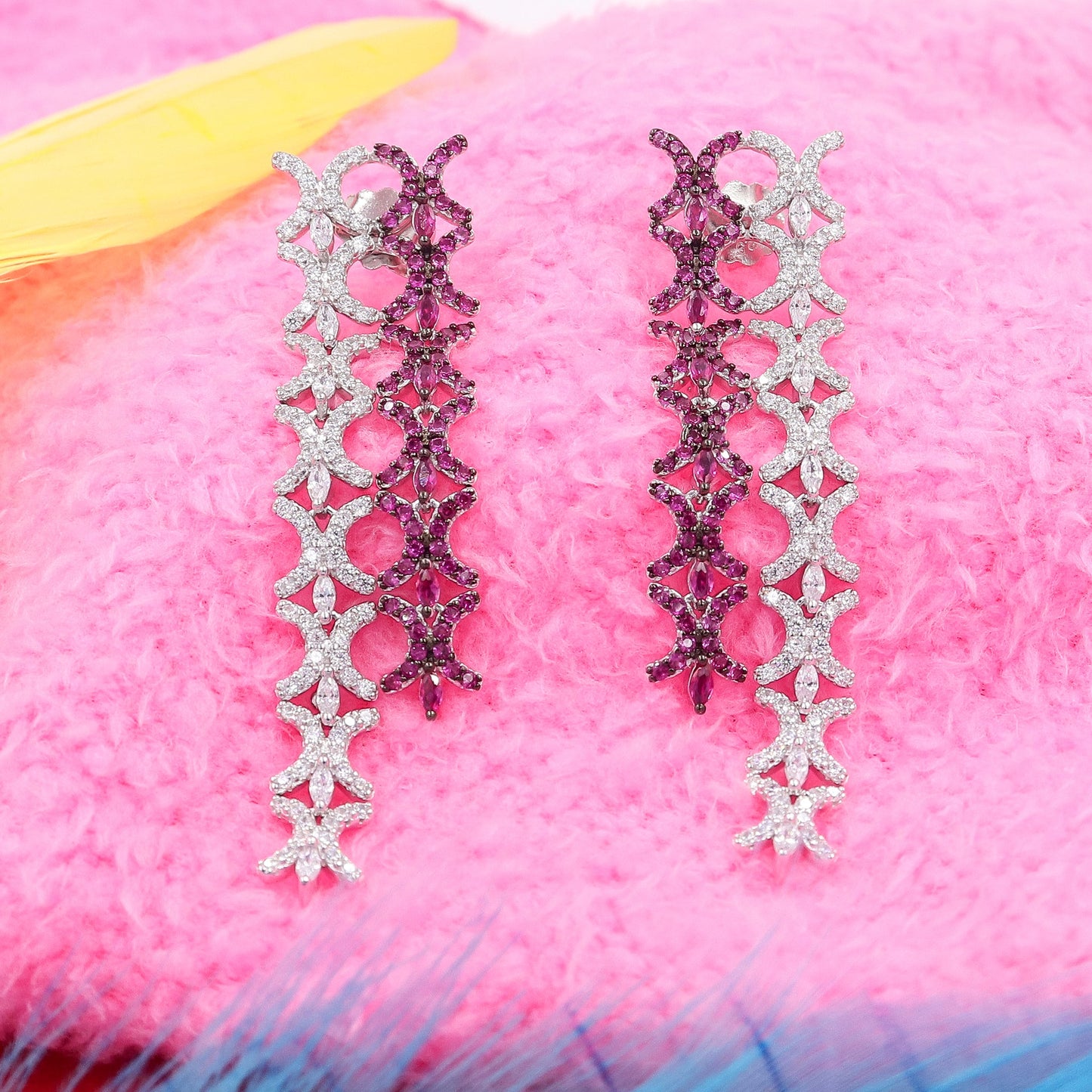 Elegance Ruby Diamond Fall Silver Earrings