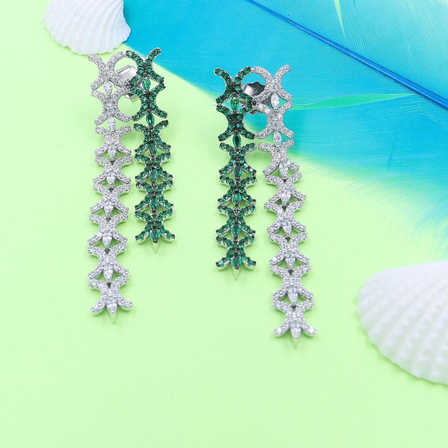 Elegance Emerald Diamond Fall Silver Earrings