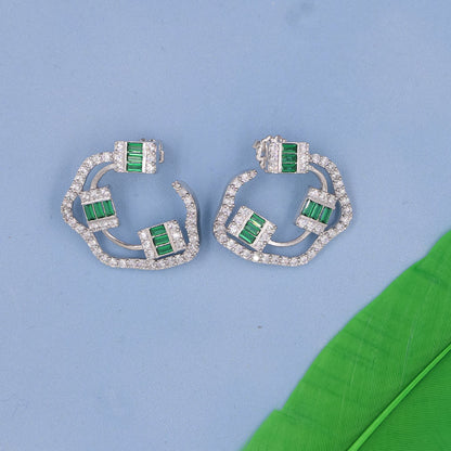 Baguette Emerald And Diamond Silver Earrings
