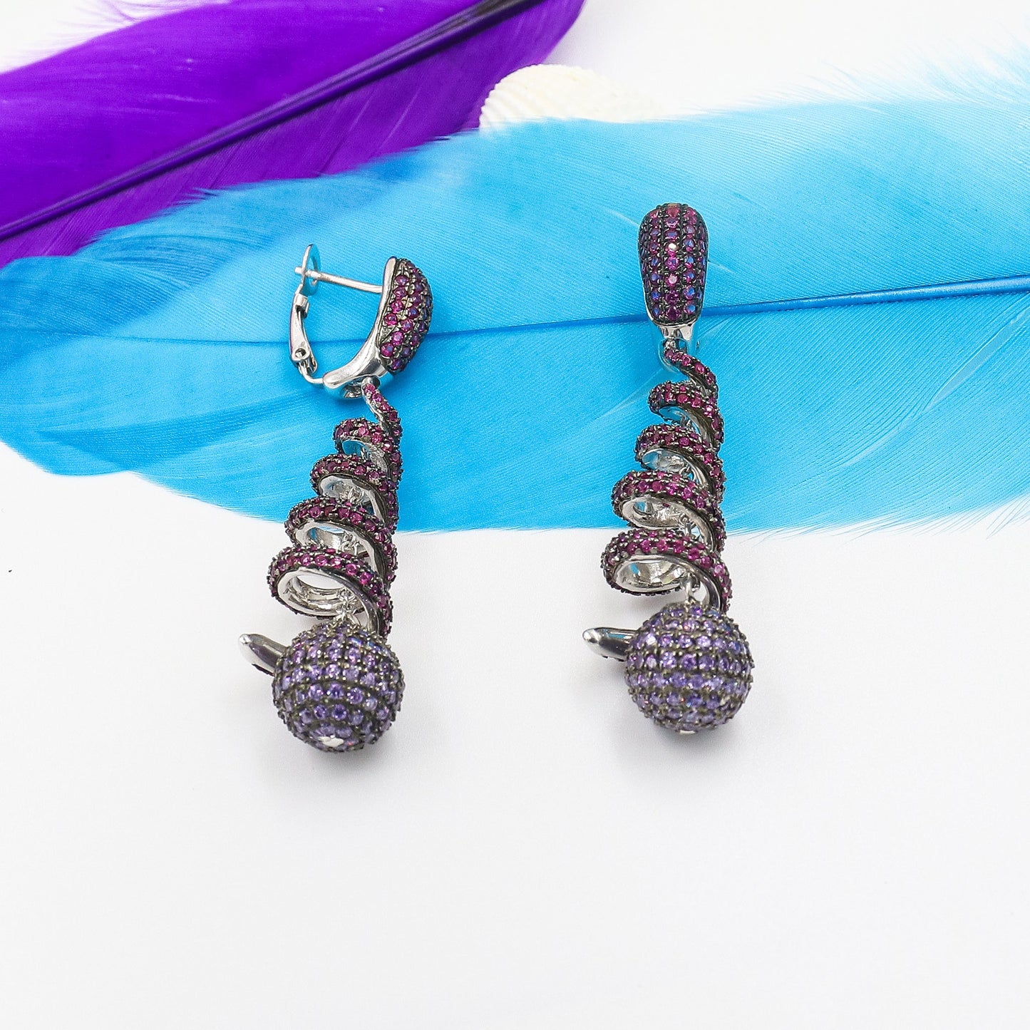 Dazzling Pink And Purple Spiral Silver Earrings