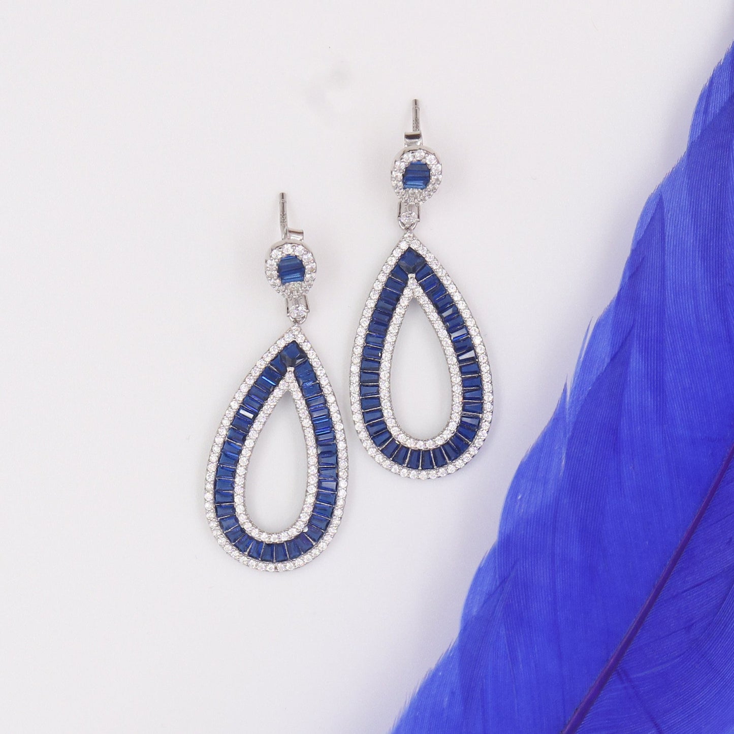 Sapphire and Diamond Silver Dangler Earrings