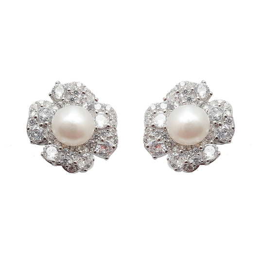 Pearl And Diamond Silver Studs Earrings