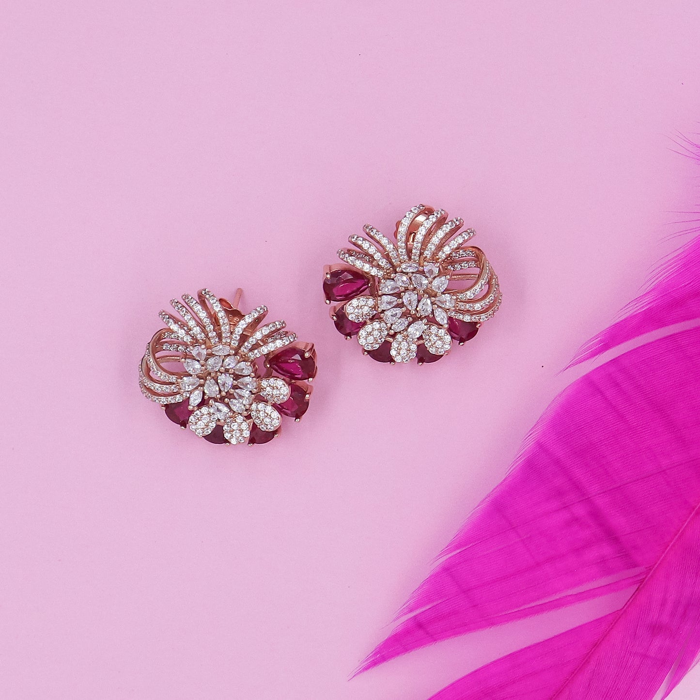 Rose Gold Ruby And Diamond Statement Silver Earrings