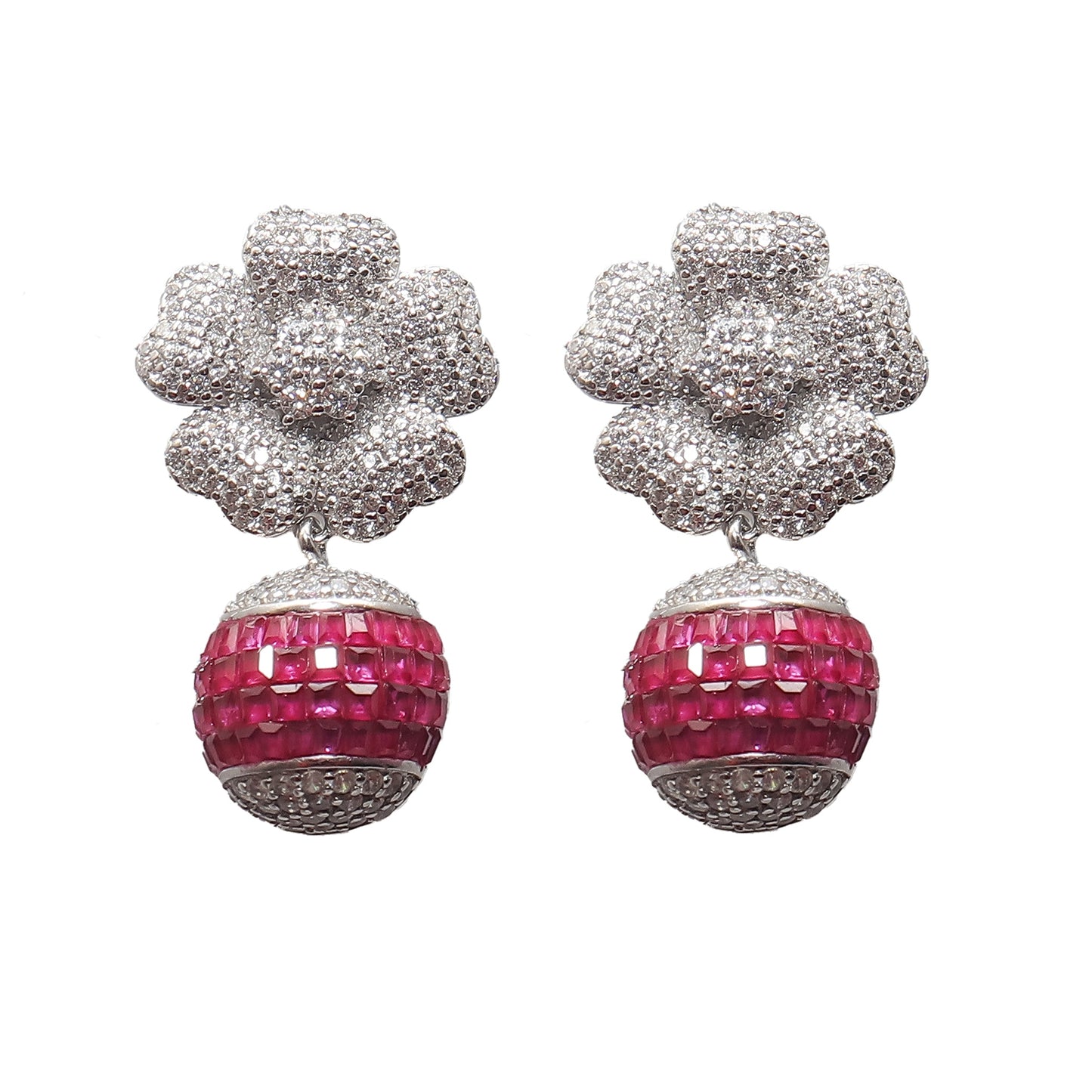 Floral Diamond And Ruby Silver Earrings