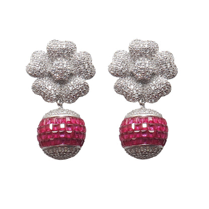 Floral Diamond And Ruby Silver Earrings