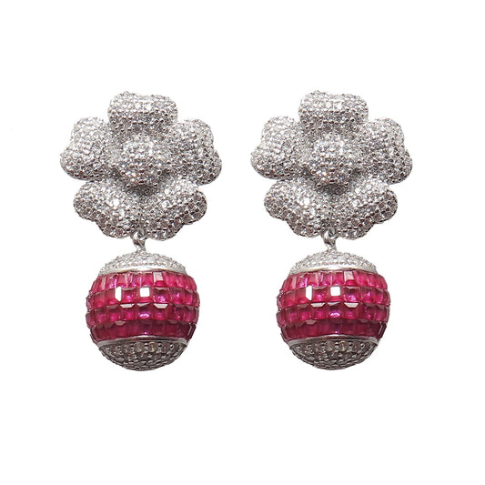 Floral Diamond And Ruby Silver Earrings