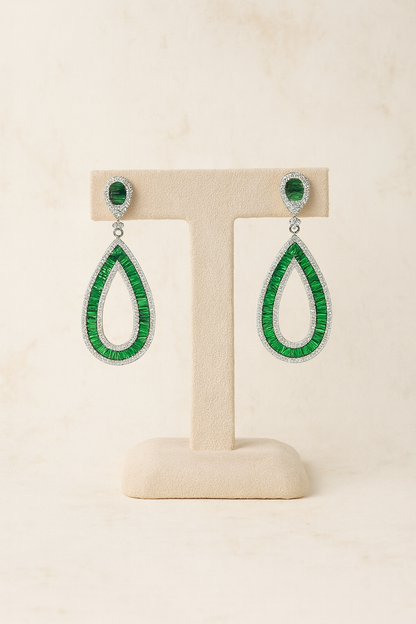 Emerald And Diamond Silver Dangler Earrings