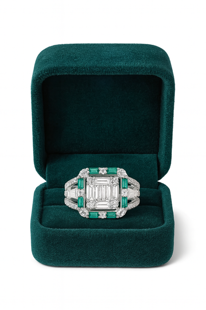 Silver Emerald Baguette Diamond Ring