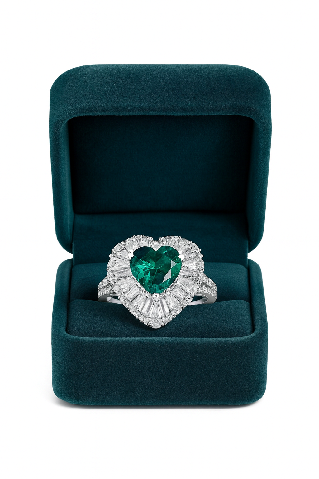 Silver Heart Emerald And Diamond Ring