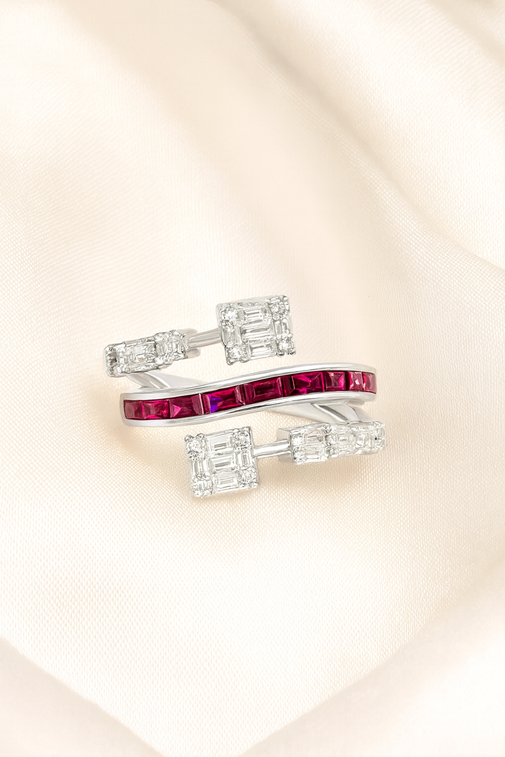 Silver Ruby Baguette Diamond Spiral Ring