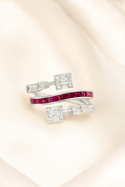 Silver Ruby Baguette Diamond Spiral Ring