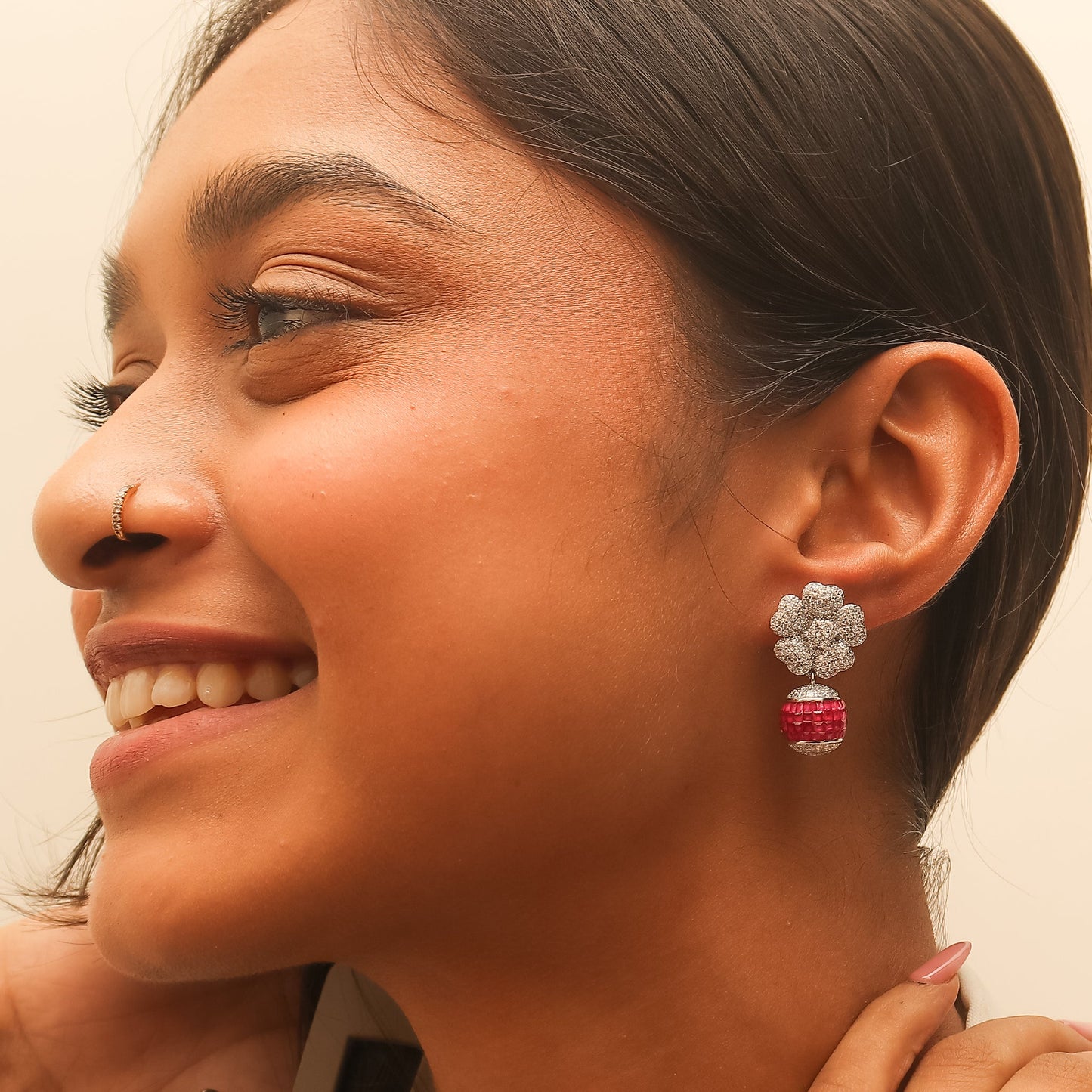 Floral Diamond And Ruby Silver Earrings