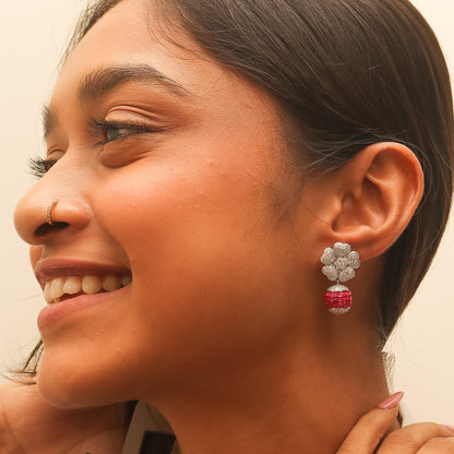 Floral Diamond And Ruby Silver Earrings